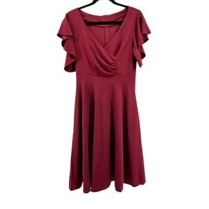 DGHBVS Women Burgundy Dress V Neck Flutter Sleeve Fit and Flare Size M Holiday